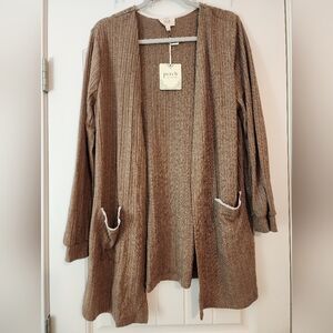 Perch Open-Front Brown Ribbed Cardigan Sweater Lace Trim NWT 1X Minimalist